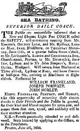 Advert for coaches to Lytham & Blackpool for sea bathing, 1835.