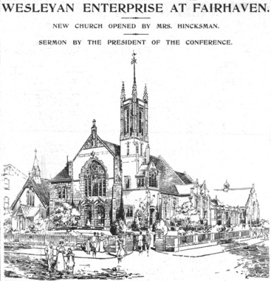Fairhaven Wesleyan Methodist Church, opened in 1910, replacing the old mission church. It stands on the corner of Clifton Drive and Woodlands Road, Ansdell.
