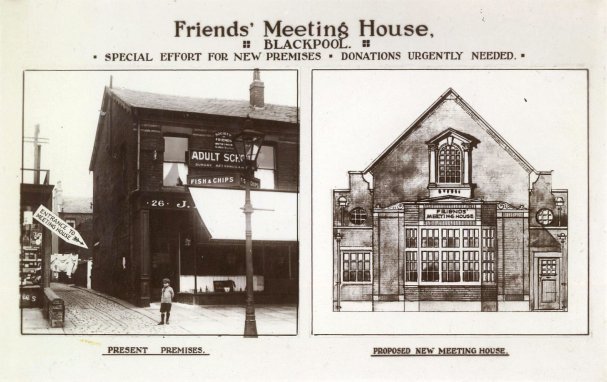 A picture of the Friends' Meeting House, Blackpool c1930, and the proposed new building on Raikes Parade.