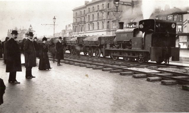 Photograph of a temporary light railway on Blackpool Promenade,1911.