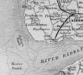 Map of South Fylde showing the railways in 1850. At this time the coastal route had not been constructed.