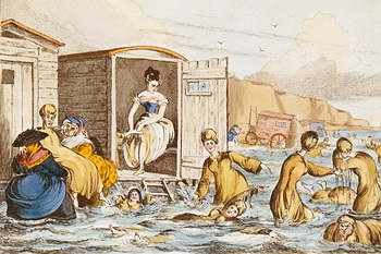 Mermaids at Brighton by William Heath (1795 - 1840), c. 1829. Depicts women sea-bathing with bathing machines at Brighton.