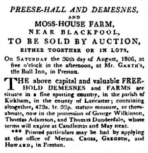 Advert for the sale of Preese Hall Farm, Weeton, and Moss House Farm, 1806.