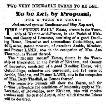 Advert for the lease of Preese Hall Farm, Weeton, and Higher House Estate, freckleton, 1842. In the 1840s & early 1850s Preese Hall was farmed by Thomas Bilsborrow.