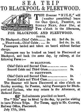 Preston to Blackpool and Fleetwood Steamboat Advert 1844.