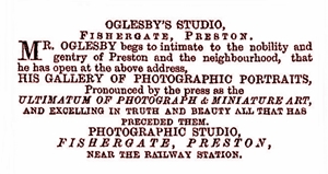 Samuel Oglesby, Portrait Photographer, Fishergate, Preston, near the railway station, in 1861.