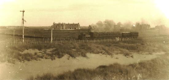 Train leaving St.Annes for Blackpool c1883. The photographer is stood near the present-day Fire Station in St.Andrew's Road North. Houses in the distance are: Church Road (left) St.Annes Road East (centre) and St.David's Road South (right).