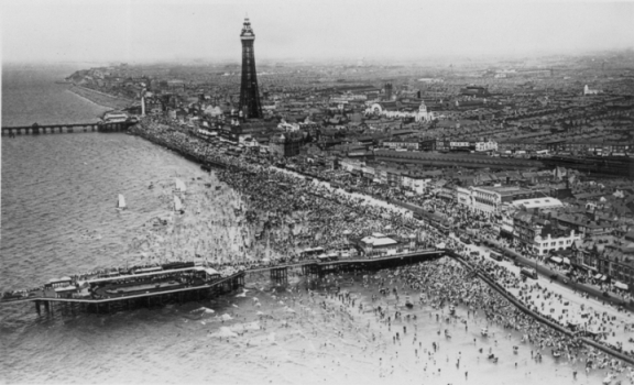 Aerial view of Blackpool with Central Station in the centre.
