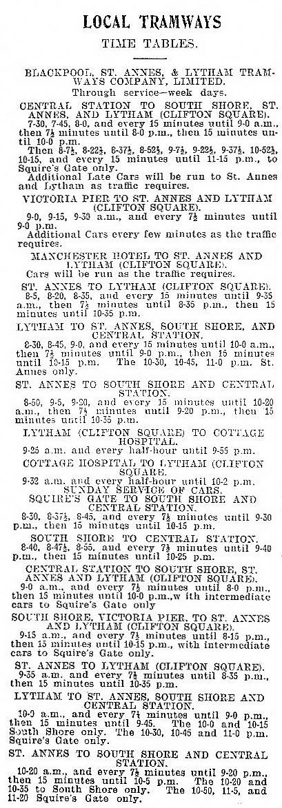 Blackpool, Lytham & St.AnnesTramways Timetable for August,1905.