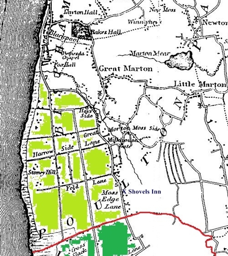 Blackpool c1830 - the area shaded light green was Layton Hawes which was enclosed from the 1760s onwards and today comprises all of South Shore and part of Central Blackpool.