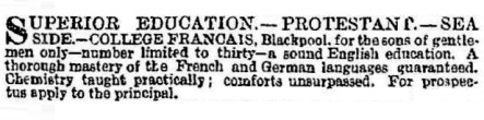 Advert for the College Francais, October, 1868.