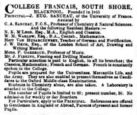 Advert for the College Francais, March, 1858.