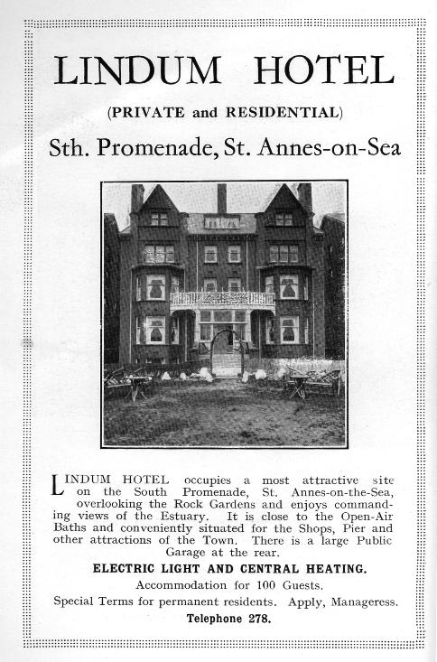 Advert for the Lindum Hotel, St.Annes from 1925.