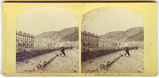 A late 1850s Ogle and Edge stereoview (no.98) of 'Llandudno, North Wales – The Great Orme Head in the distance.’ This has the description typed to the left and 'Ogle and Edge' embossed into the card to the right.