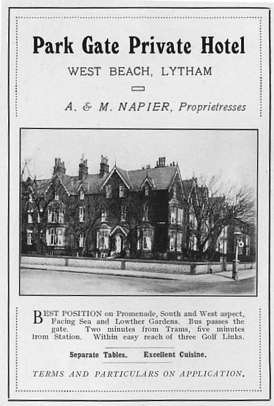 Advert from 1925 for the Park Gate Hotel, West Beach, Lytham.