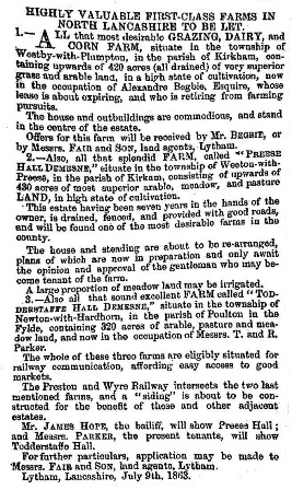 Advert for the lease of a Dairy & Corn Farm at Westby-with-Plumpton, Kirkham; Preese Hall Farm, Weeton; and Todderstaffe Hall, Newton-with-Hardhorn, 1863.