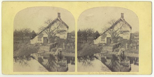 An 1850s Ogle and Edge stereoview of a cottage on the River Brock, near Preston. In the foreground a man is scooping water from the pond.