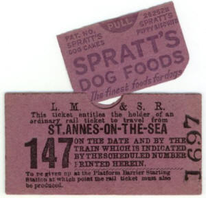 A ticket (Mones-Cross Patent) advertising Spratt's Dog Foods. These were only produced during 1933-34 as they caused problems with the printing machinery and the railway company did not renew the contract.
