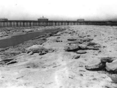 Blocks of frozen seawater on St.Annes Beach, February 1929.