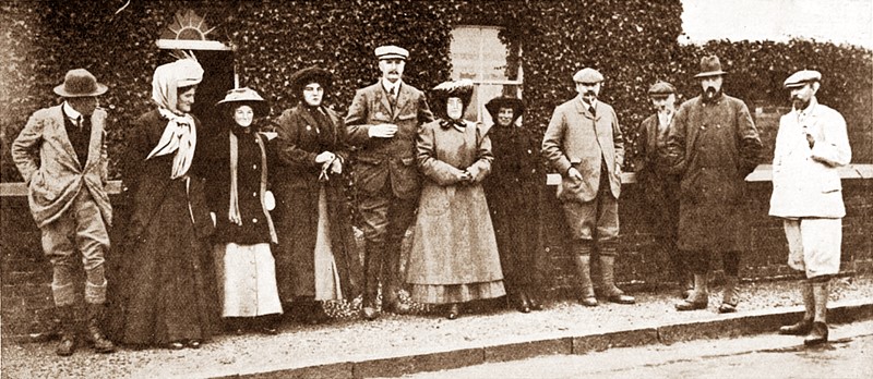 Mr & Mrs Clifton's shooting party at Lytham, December 1908. L-R: Lord Beauclerk, Violet Clifton, unknown lady (a), unknown lady (b), Douglas Hall, unknown lady, Lady Loudon, Lord Loudon, Herbert Maxwell, Grand Duke Michael, John Talbot Clifton. Mr & Mrs Clifton's shooting party at Lytham. L-R: Lord Beauclerk; Violet Clifton;-???-;-???-; Douglas Hall; Lady Louson; Lord Loudon; Herbert Maxwell; Grand Duke Michael; John Talbot Clifton.