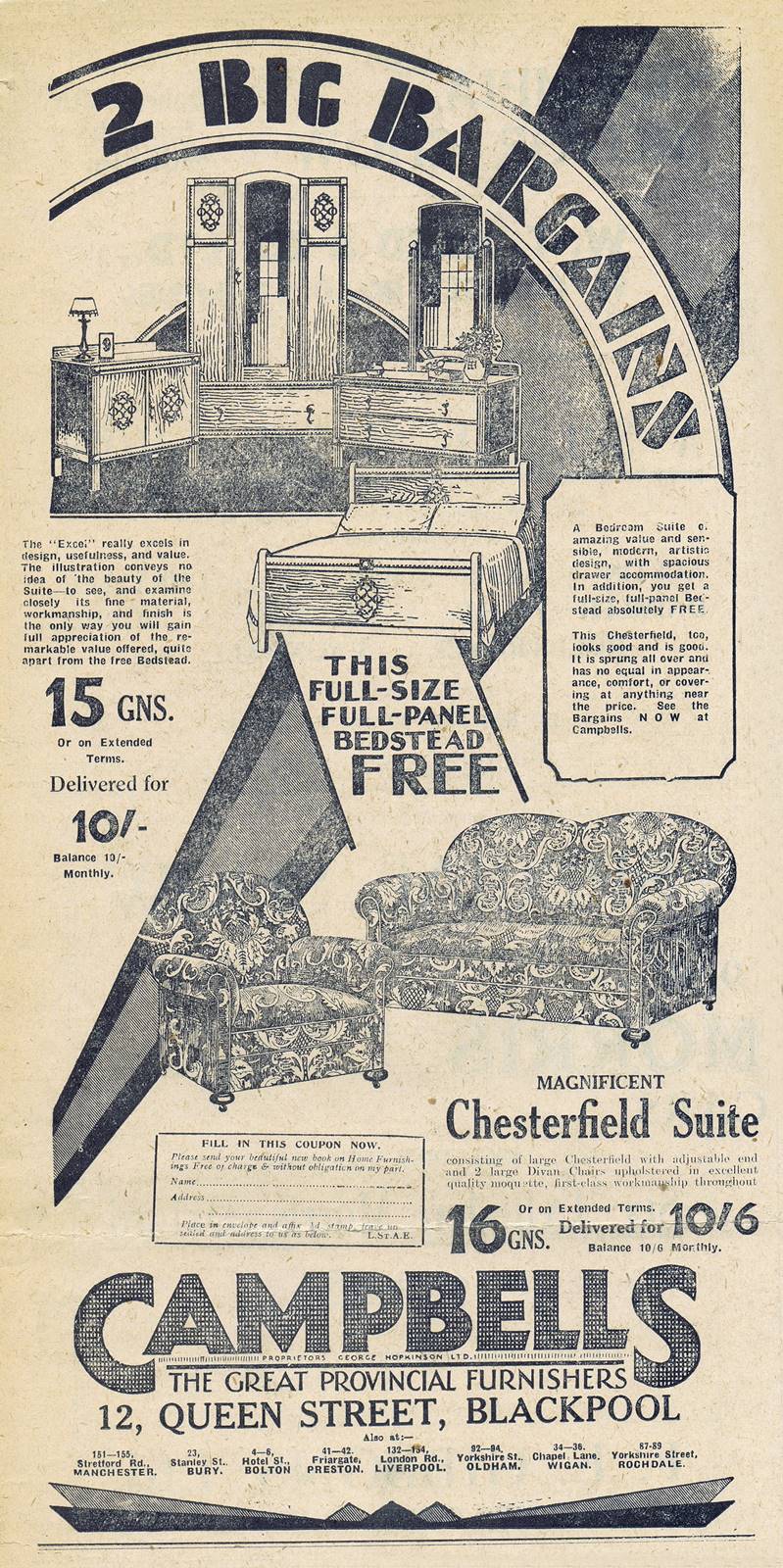 Advert for Campbell's Furnishers, 12, Queen Street, Blackpool 1929.