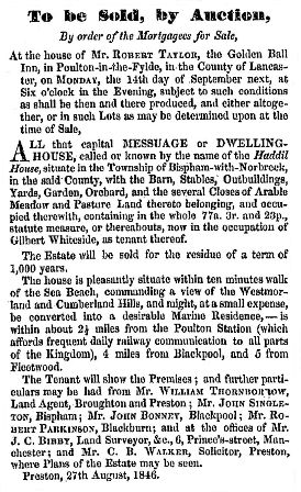 Advert for the sale of Haddil House, Bispham with Norbreck, September, 1846.