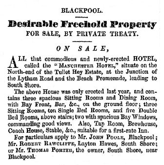Advert for the sale of the newly-built Manchester Hotel, Blackpool, September, 1846.