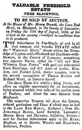 Advert for the sale of Land, Whinney Heys Blackpool, 1832.