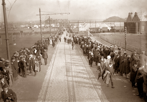 Blackpool Aviation Week in 1909 or 1910. Squires Gate Lane viewed from the top of a tram on the railway bridge.
