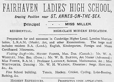 "Fairhaven Ladies High School" was founded about 1897 and soon after became "Fairhaven High School for Girls". "Fairhaven Ladies High School" was founded about 1897 and soon after became "Fairhaven High School for Girls".
