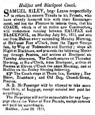 Advert for the Halifax to Blackpool Coach July 1811.