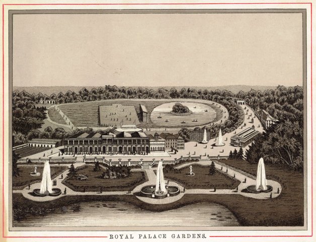 An engraving of the Royal Palace Gardens (Raikes Hall Gardens), c1894.