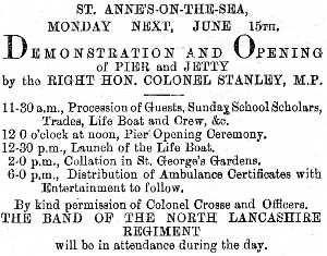 Newspaper advertisement for the official opening of St.Annes Pier in 1885.