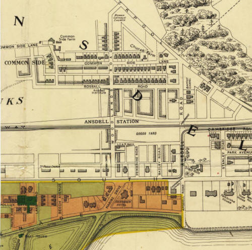 Plan c1908 of Ansdell showing the location of the goods yard. The Station Master's House was also on this site. The tramway is also marked running along Cambridge Road, Ansdell Road & Clifton Drive.