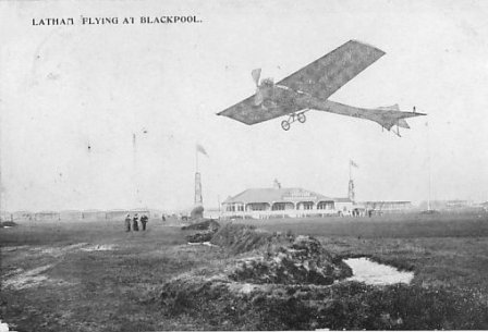Flying at Squires Gate, Blackpool, 1909; the bungalow belonged to Blackpool Golf Club.