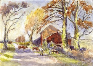 Ballam, Lytham, a 1930s watercolour by Walter Woodhead.