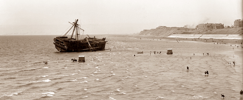 The wrecked Foudroyant, viewed from North Pier, Blackpool, June 1897.