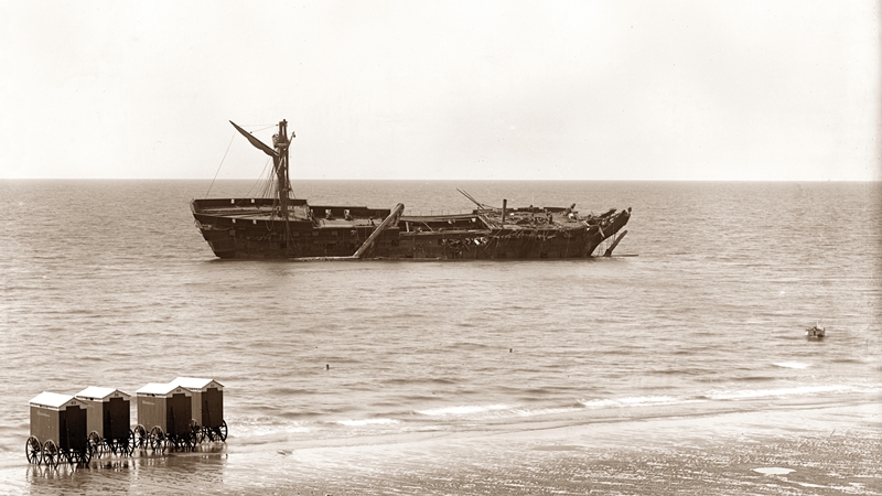The wrecked Foudroyant, viewed from the sands, Blackpool, June 1897.