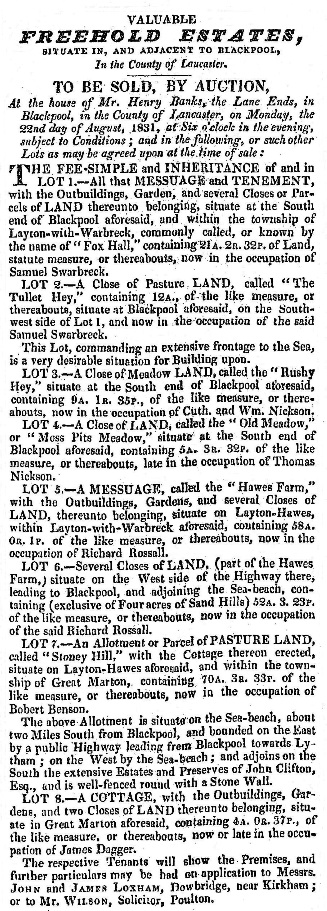 Large Sale of Land, Blackpool, 1831