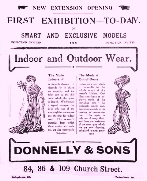 Advert for Donnelly and Sons, Church St, Blackpool, 1909.