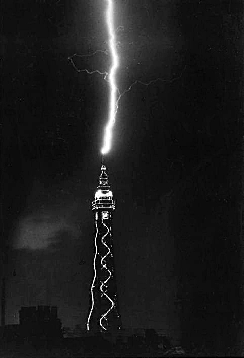 Lightning strikes Blackpool Tower, 1949. Lightning strikes Blackpool Tower, 1949.