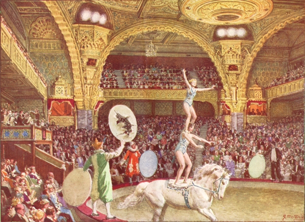 'The Tower Circus' One of a series of watercolours by Fortunino Matania commissioned by the Directors of the Blackpool Tower Company. They were used to illustrate their Souvenir programmes in the late 1920s.