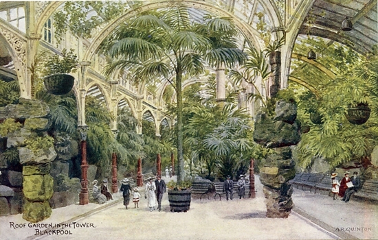 Blackpool Tower Roof Gardens in the early 1900s; a watercolour by A R Quinton.