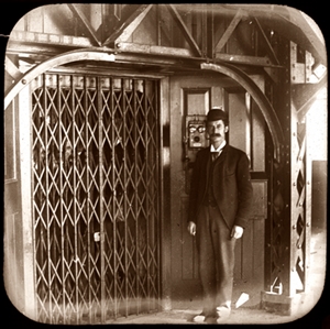 The lift at the top of Blackpool Tower c1895.