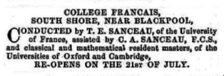 Advert for the College Francais, Blackpool 1856.