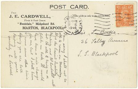 Picture Postcard sent by Mrs Cardwell of Cardwells Nursery, Midgeland Road, Marton, Blackpool, 1946.