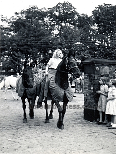 The horse rider, Joan Fowler, arriving at Lytham Railway Station, 1955.