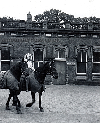 The horse rider, Joan Fowler, arriving at Lytham Railway Station, 1955.