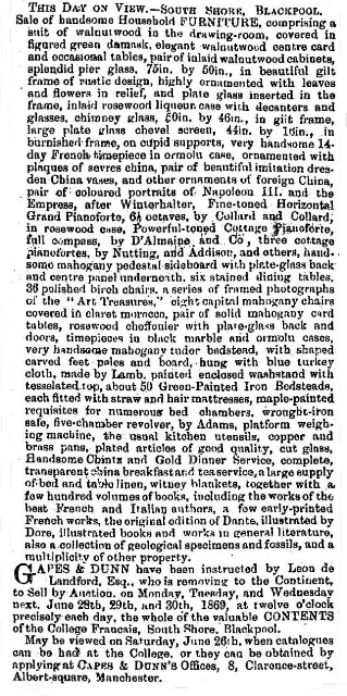 Advert for the sale of contents from the College Francais, Blackpool, June 1869.