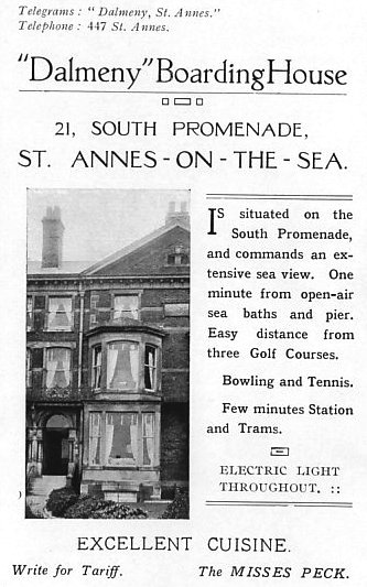 Advert for the Dalmeny Boarding House, South Promenade, St.Annes-on-the-Sea, 1925.